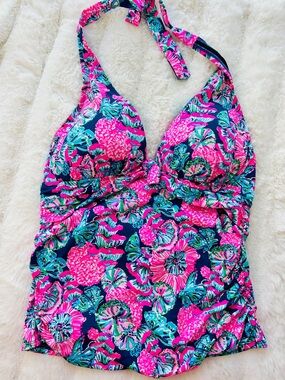 Lilly Pulitzer Womens' Navy Floral Halter One-Piece - Pink & Teal